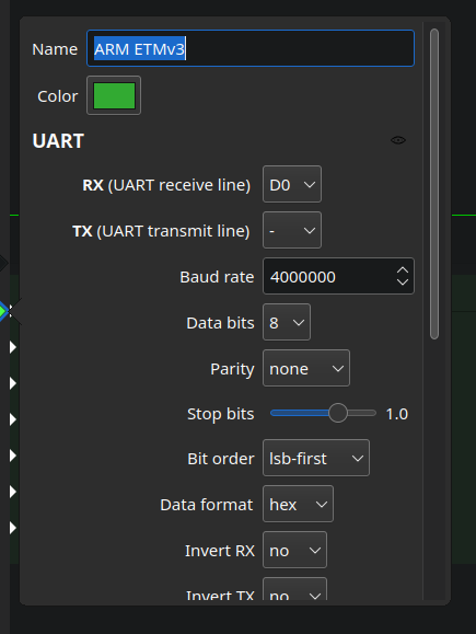 Pulseview UART decoder and logic analyzer settings