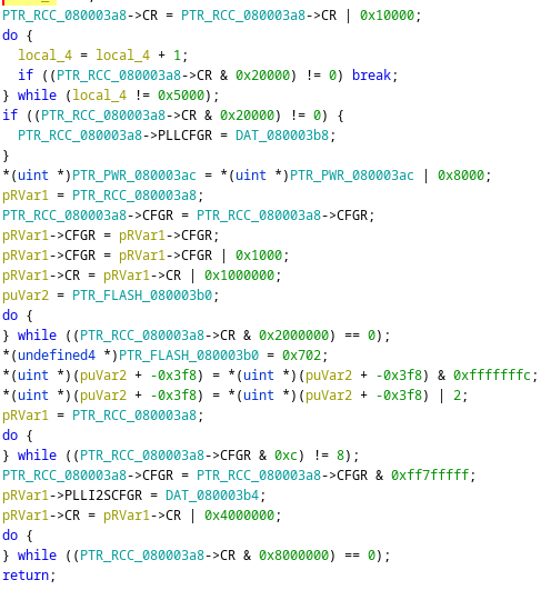 Decompilation after retyping the RCC global in Ghidra