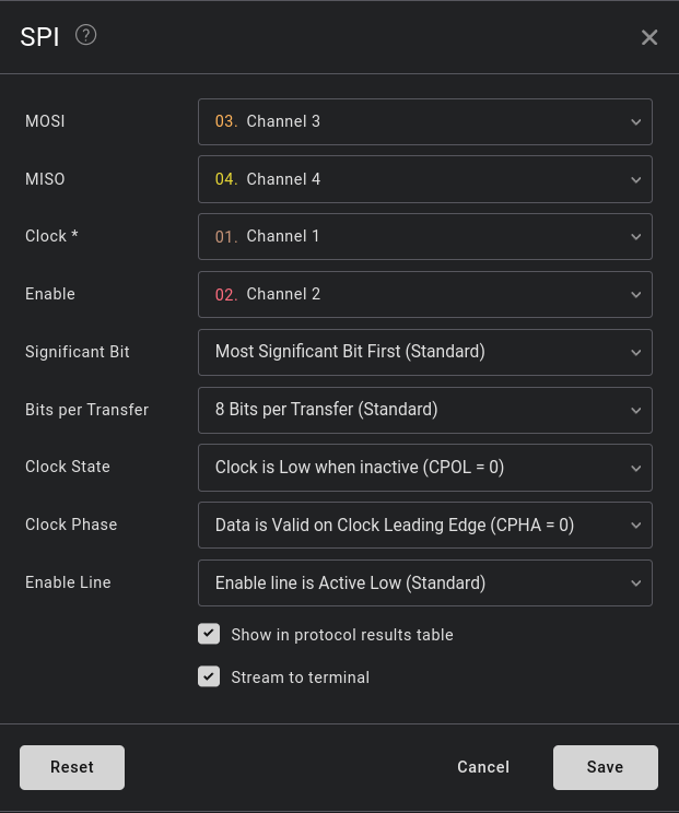 Saleae SPI analyzer settings